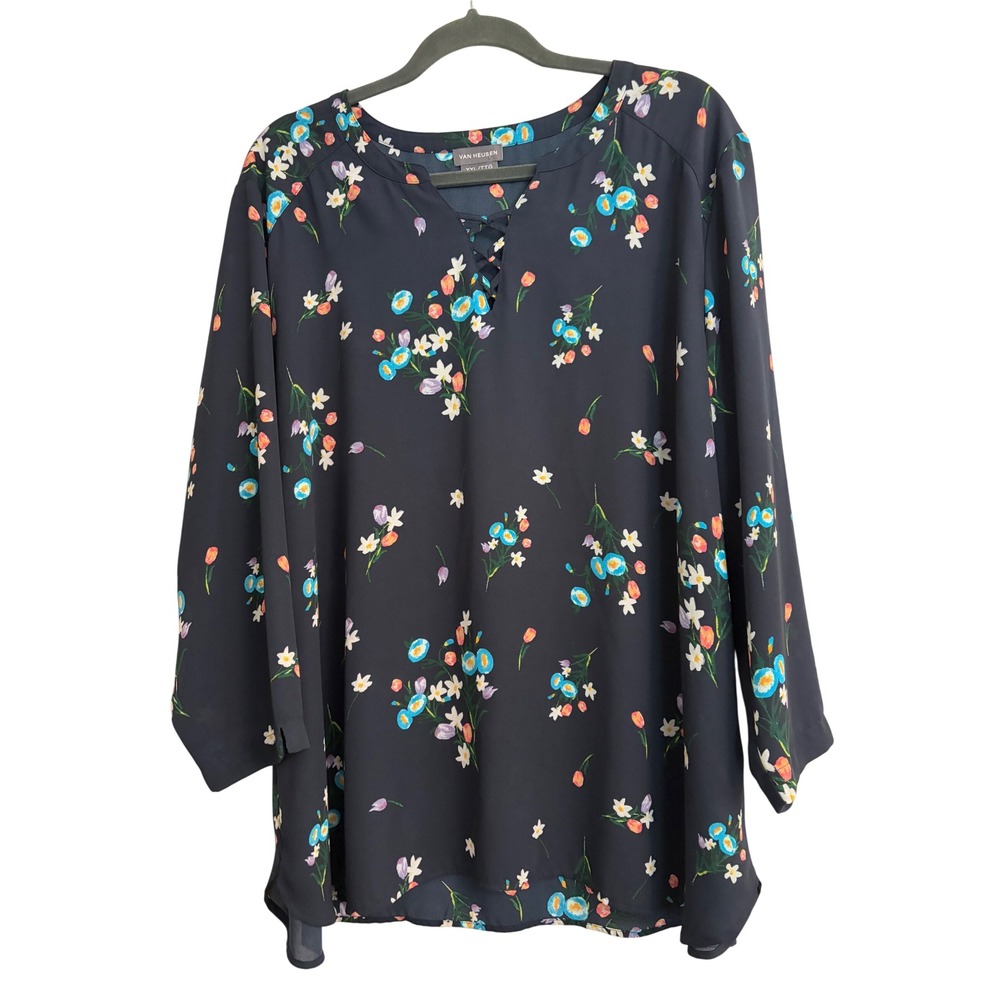 Van Heusen Blouse XXL Navy Blue Floral, Office, Work, Chiffon, Tulip, Spring
